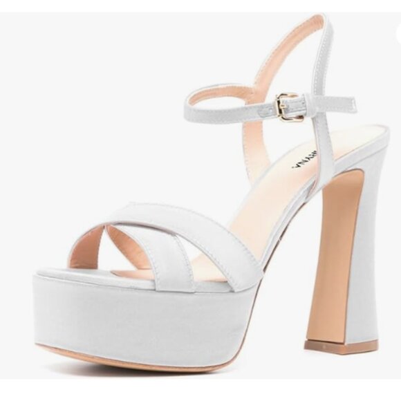 ASPIRYNA White Crossed Strap Open Toe Platform Ankle Strap Buckle Dance Sandal - Picture 1 of 8